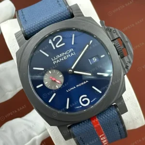Panerai 44 mm PAM01314 Luminor Karbon Mavi Kadran Kırmızı Kordon Super Clone ETA Saat kırp kapak