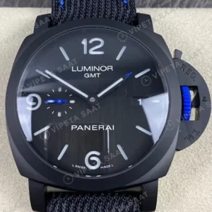 Panerai 44 mm PAM01361 Luminor Gmt Siyah Seramik Kasa Siyah Nato Kordon Super Clone ETA Saat kırp kapak