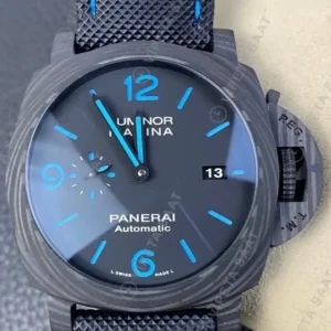 Panerai 44 mm PAM01314 Luminor Marina Karbon Kasa Siyah Kadran Mavi Kaucuk Kordon Super Clone ETA Saat kırp kapak