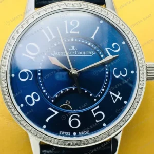 Jaeger-LeCoultre Rendez-Vous Mavi Kadran Taşlı Bezel Çelik Deri Kordon 34mm Super Clone ETA Saat kırp kapak