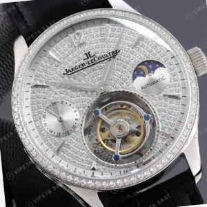 Jaeger-LeCoultre Master Grande Tradition Tourbillon Iskelet Kadran Celik Kasa Elmas Bezel Siyah Deri Kordon Super Clone ETA Saat kırp kapak