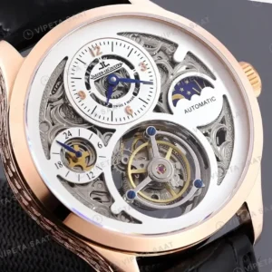 Jaeger-LeCoultre Master Grande Tradition Tourbillon Iskelet Kadran Rose Kasa Siyah Deri Kordon Super Clone ETA Saat kırp kapak