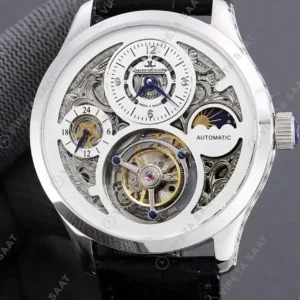 Jaeger-LeCoultre Master Tourbillon Moonphase Iskelet Siyah Deri Kordon Super Clone ETA Saat kırp kapak