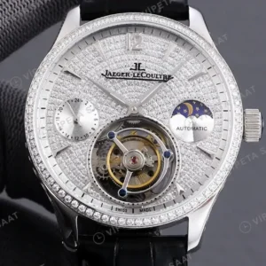 Jaeger-LeCoultre Master Tourbillon Moonphase Tas Kadran Celik Elmas Bezel Siyah Deri Kordon Super Clone ETA Saat kırp kapak
