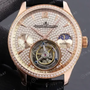 Jaeger-LeCoultre Master Tourbillon Moonphase Tas Kadran Rose Kasa Elmas Bezel Siyah Deri Kordon Super Clone ETA Saat kırp kapak