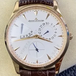 Jaeger-LeCoultre Master Ultra Thin Beyaz Kadran Rose Kasa Kahverengi Deri Kordon Super Clone ETA Saat kırp kapak