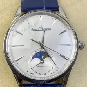Jaeger-LeCoultre Master Ultra Thin Moon Gumus Kadran Mavi Deri Super Clone ETA Saat kırp kapak