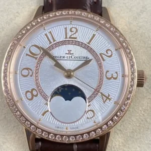 Jaeger-LeCoultre Rendez-Vous Rose Kasa Baget Bezel Beyaz Kadran Kahverengi Deri Kordon Super Clone ETA Saat kırp kapak