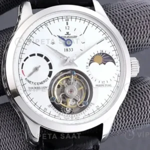 Jaeger-LeCoultre GMT-Master II Master Tourbillon Gümüş Kadran Celik Siyah Deri Kordon Super Clone ETA Saat kırp kapak