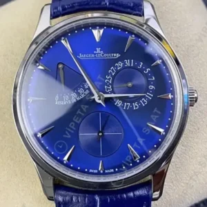 Jaeger-LeCoultre GMT-Master II Master Ultra Thin Gri Kadran Mavi Deri Kordon Super Clone ETA Saat kırp kapak