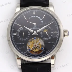 Jaeger-LeCoultre Master Grande Tradition Tourbillon Celik Siyah Kadran Siyah Deri Kordon Super Clone ETA Saat kırp kapak