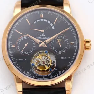 Jaeger-LeCoultre Master Grande Tradition Tourbillon Rose Kasa Gri Kadran Siyah Deri Kordon Super Clone ETA Saat kırp kapak