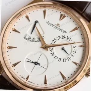 Jaeger-LeCoultre Master Ultra Thin Reserve de Marche Beyaz Kadran Altin Kasa Kahverengi Deri Super Clone ETA Saat kırp kapak