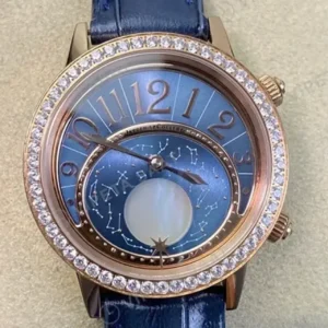 Jaeger-LeCoultre Rendez-Vous Moon Mavi Kadran Baget Bezel Rose Kasa Mavi Deri Kordon Super Clone ETA Saat kırp kapak
