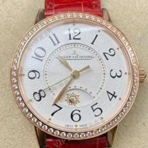 Jaeger-LeCoultre Rendez-Vous Night Day Rose Altin Kasa Baget Bezel Gumus Kadran Kirmizi Deri Kordon Super Clone ETA Saat kırp kapak