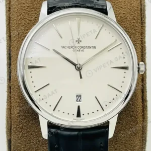 Vacheron Constantin 40 mm Patrimony Beyaz Kadran Celik Deri Kordon Super Clone ETA Saat kırp kapak