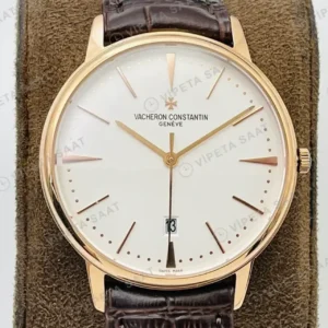 Vacheron Constantin 40 mm Patrimony Beyaz Kadran Rose Gold Deri Kordon Super Clone ETA Saat kırp kapak
