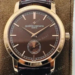 Vacheron Constantin 40 mm Patrimony Traditionnelle Kahve Kadran Rose Gold Deri Kordon Super Clone ETA Saat kırp kapak