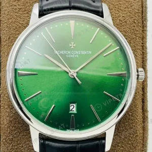 Vacheron Constantin 40 mm Patrimony Yesil Kadran Celik Deri Kordon Super Clone ETA Saat kırp kapak