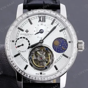 Vacheron Constantin 41 mm Tourbillon Moonphase Beyaz Kadran Celik Elmas Bezel Siyah Deri Kordon Super Clone ETA Saat kırp kapak