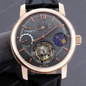 Vacheron Constantin 41 mm Tourbillon Moonphase Gri Kadran Rose Kasa Siyah Deri Kordon Super Clone ETA Saat kırp kapak