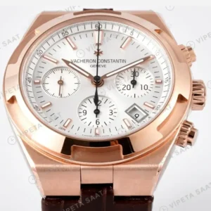 Vacheron Constantin 42.5 mm Overseas Kronograf Rose Altin Kasa Gumus Kadran Kahverengi Deri Kordon Super Clone ETA Saat kırp kapak