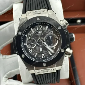 Hublot Big Bang Unico Siyah Skeleton Kronograf Kauçuk Super Clone ETA Saat kırp kapak