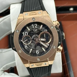 Hublot Big Bang Unico Rose Gold Siyah Skeleton Kronograf Super Clone ETA Saat kırp kapak