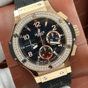Hublot Big Bang Rose Gold Siyah Elmas Taşlı Kronograf Super Clone ETA Saat kırp kapak