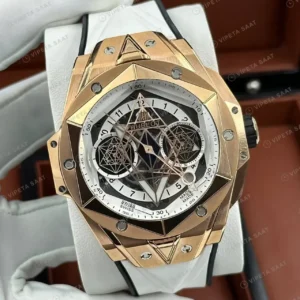 Hublot Big Bang Sang Bleu Rose Skeleton Kronograf Beyaz Kauçuk Super Clone ETA Saat kırp kapak