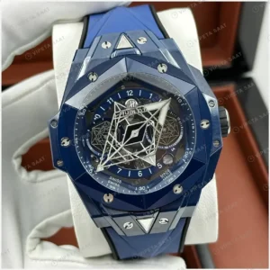 Hublot Big Bang Sang Bleu Mavi Geometrik Skeleton Kauçuk Super Clone ETA Saat kırp kapak