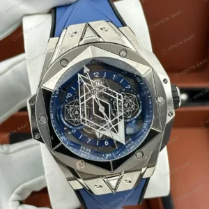Hublot Big Bang Sang Bleu Gri Geometrik Skeleton Kauçuk Super Clone ETA Saat kırp kapak