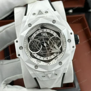 Hublot Big Bang Sang Bleu Beyaz Geometrik Skeleton Kauçuk Super Clone ETA Saat kırp kapak