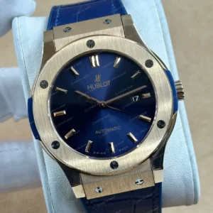Hublot Classic Fusion Rose Gold Mavi Kadran Deri Lacivert Super Clone ETA Saat kırp kapak