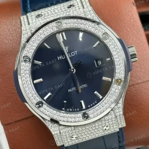 Hublot Classic Fusion Mavi Kadran Elmas Taşlı Deri Super Clone ETA Saat kırp kapak