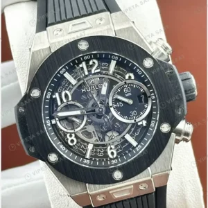 Hublot Big Bang Unico Siyah Skeleton Kronograf Gece Kauçuk Super Clone ETA Saat kırp kapak