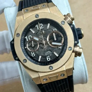 Hublot Big Bang Unico Rose Skeleton Siyah Kauçuk Kronograf Super Clone ETA Saat kırp kapak