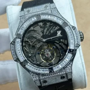 Hublot Big Bang Siyah Tourbillon Elmas Skeleton Kauçuk Super Clone ETA Saat kırp kapak