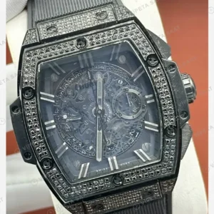 Hublot Big Bang Siyah Elmas Skeleton Kronograf Kauçuk Super Clone ETA Saat kırp kapak