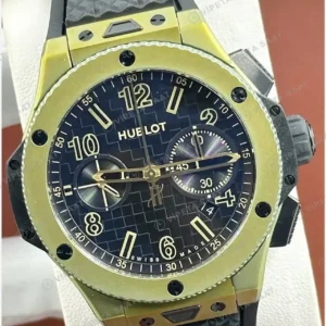 Hublot Big Bang Sarı Altın Siyah Kronograf Kauçuk Super Clone ETA Saat kırp kapak