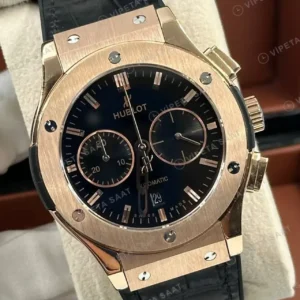 Hublot Classic Fusion Rose Gold Siyah Kronograf Deri Super Clone ETA Saat kırp kapak