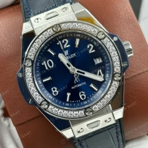 Hublot Big Bang Mavi Kadran GMT Elmas Taşlı Deri Super Clone ETA Saat kırp kapak