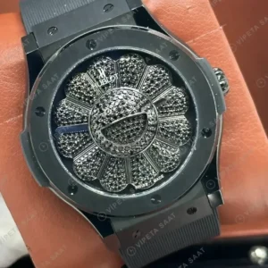 Hublot Big Bang Gümüş Çiçek Pave Kadran Kauçuk Super Clone ETA Saat kırp kapak