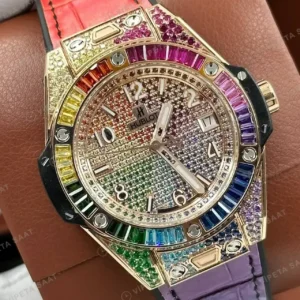Hublot Big Bang Gökkuşağı Taşlı Pave Kadran Kauçuk Super Clone ETA Saat kırp kapak