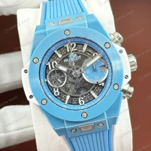 Hublot Big Bang Unico Açık Mavi Skeleton Kronograf Kauçuk Super Clone ETA Saat kırp kapak