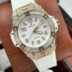Hublot Big Bang Beyaz Kadran Baget Taşlı Deri Super Clone ETA Saat kırp kapak