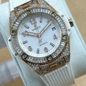 Hublot Big Bang Beyaz Gökkuşağı Baget Taşlı Kauçuk Super Clone ETA Saat kırp kapak