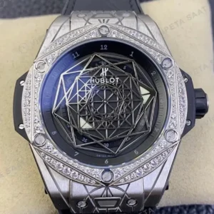Hublot Big Bang Sang Bleu Baget Bezel Siyah Kadran Siyah Deri Kordon Super Clone ETA Saat kırp kapak