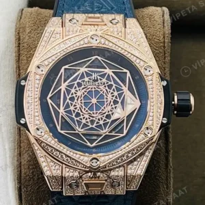 Hublot Big Bang Sang Bleu Rose Kasa Baget Bezel Mavi Kadran Mavi Deri Super Clone ETA Saat kırp kapak