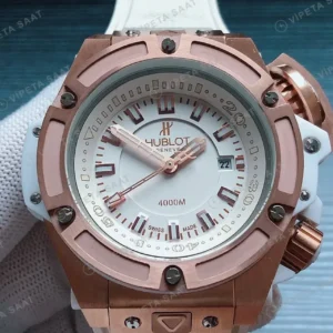 Hublot King Power Oceanographic 4000 Beyaz Kadran Rose Kasa Kaucuk Kordon Super Clone ETA Saat kırp kapak